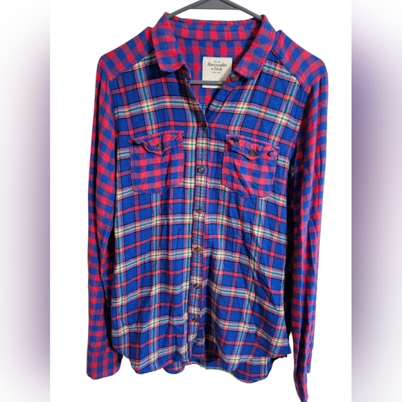 Abercrombie & Fitch Women's Plaid Flannel Shirt Medium Blue Red Y2K Moose Icon - Picture 2 of 6